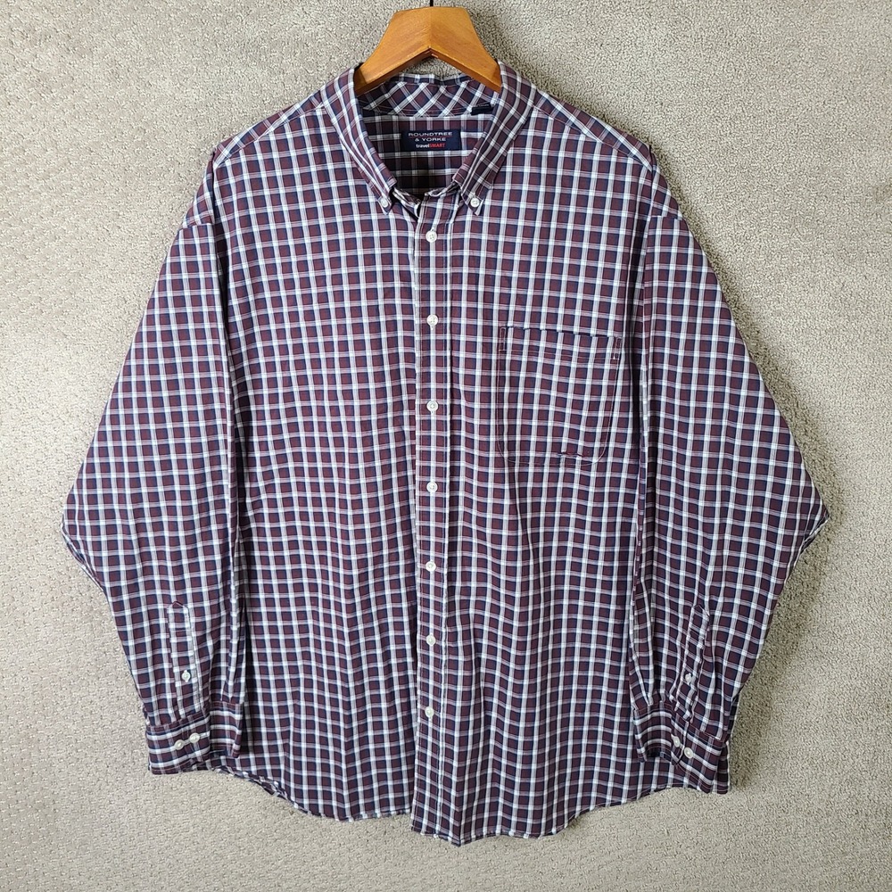 Roundtree & Yorke TravelSmart Shirt Mens 3X Maroon Blue‎ Plaid Button Down